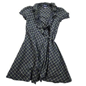 Ralph Lauren Dress Girls 10 Green Navy Plaid Ruffle Short Sleeve Cotton